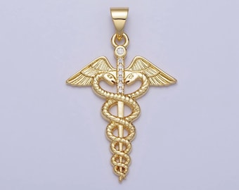 Gold medicine caduceus symbol medical doctor nurse gift idea roman mercury micro paved cz pendant | aa155