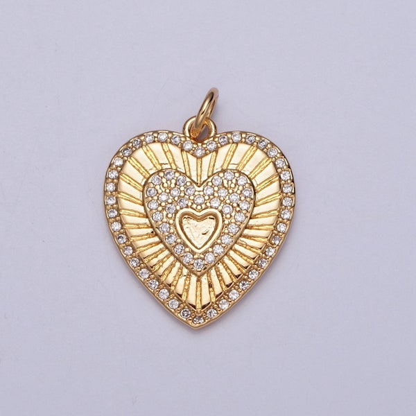 24K Gold Micro Pave CZ Heart Pendant Radiant Style Antique Charm Sunburst Hearts Pendant for Minimalist Jewelry Supply | X-130