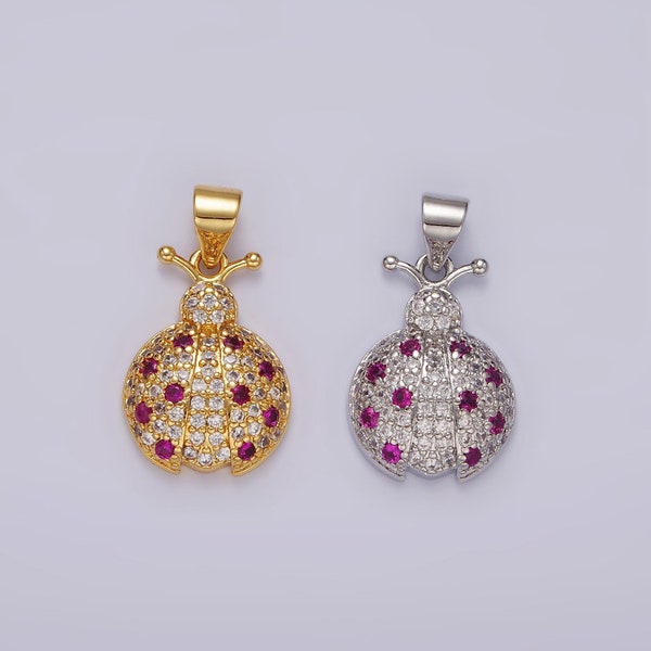 14K Gold Filled Fuchsia Micro Paved CZ Ladybug Insect Animal Pendant in Gold & Silver | N1975 N1976