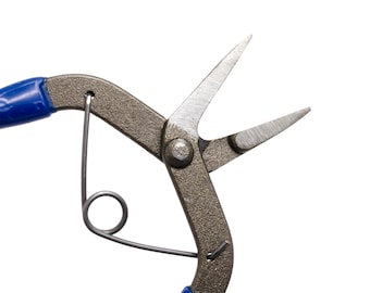 May include: Close-up of a pair of blue-handled wire cutters with a spring-loaded handle. The cutters are made of metal and have a silver finish.