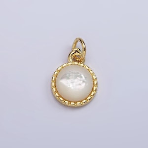 14k gold filled shell pearl dotted bezel round charm | ag543