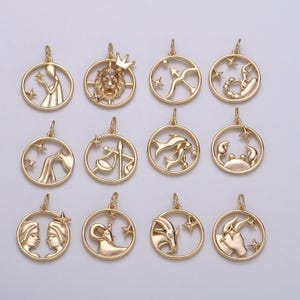 Gold vermeil zodiac charms gold over 925 sterling silver charm tiny  horoscope pendant circle charm astrology horoscope constellation
