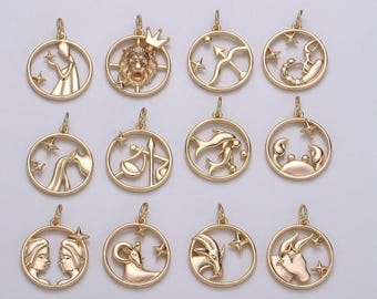 Gold vermeil zodiac charms gold over 925 sterling silver charm tiny horoscope pendant circle charm astrology horoscope constellation