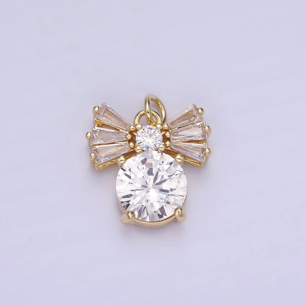 1Mini 4K Gold Filled Clear Solitaire CZ Round Baguette Ribbon Bow Charm | AG729