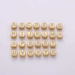 Double Sided Gold Initial Letter Beads, 9x9mm Alphabet Beads, Alphabet Blocks Micro Pave Cursive Letter Charm for Bracelet Necklace Supply03