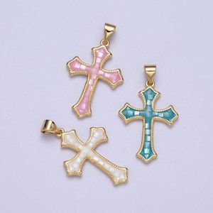 White, Pink, Blue Shell Opal Religious Passion Cross Gold Pendant H-395 H-416 H-433