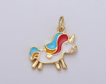 May include: Gold-coloured unicorn charm with a white body and multi-coloured mane and tail. The unicorn has a small heart on its chest.