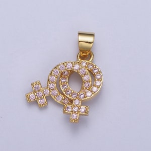 Micro Pave Lesbian Charm 24K Gold Filled Lesbian Jewelry, Pride Necklace Bracelet Pendant Lesbian Couple Necklace | X-422