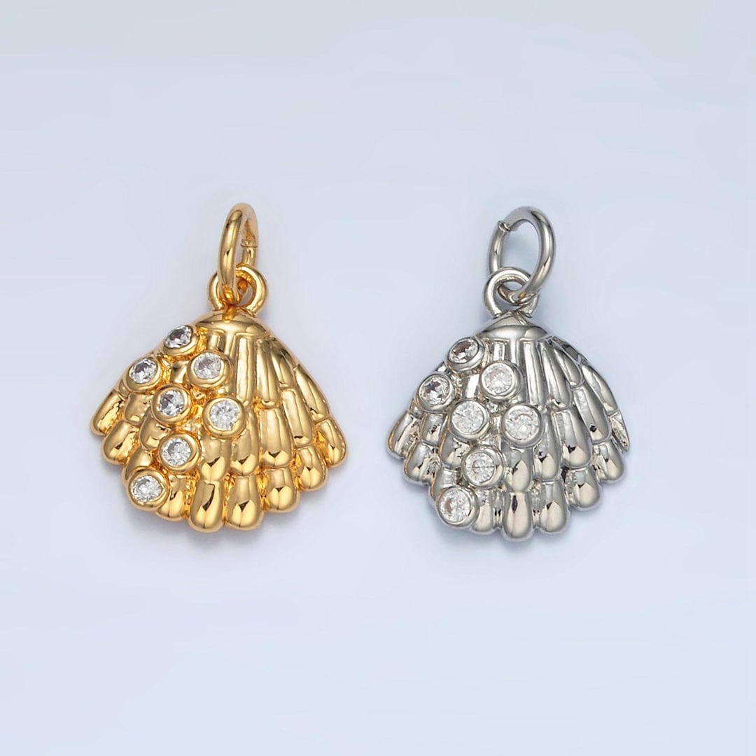24k Gold Filled 15mm Clam Shell Cz Charm in Gold & Silver | Ag-862 - Etsy