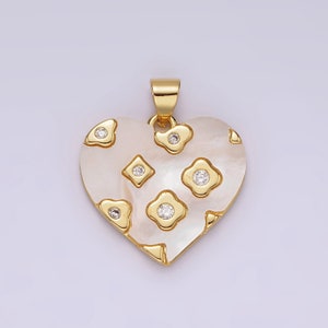 Dainty Pearl Heart Clover Charm Gold Heart Charm Geometric CZ Pearl Heart Pendant Love Jewelry AH130