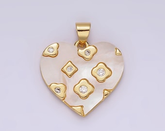 Dainty Pearl Heart Clover Charm Gold Heart Charm Geometric CZ Pearl Heart Pendant Love Jewelry AH130