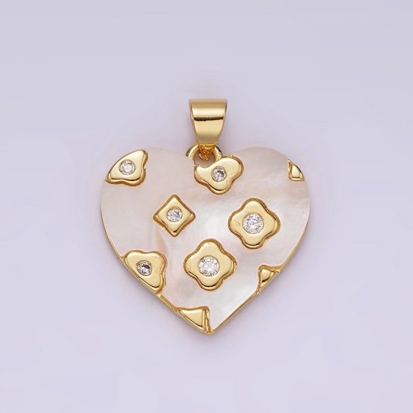 Dainty Pearl Heart Clover Charm Gold Heart Charm Geometric CZ Pearl Heart Pendant Love Jewelry AH130