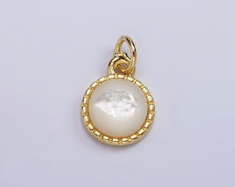 14K Gold Filled Shell Pearl Dotted Bezel Round Charm | AG543