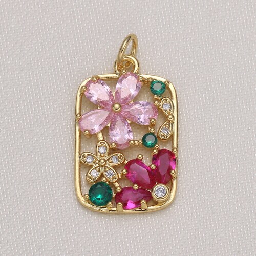 Colorful CZ Micro Pave Flowers on Rectangle Shape Pendant Gold - Etsy