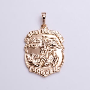 18k&quot;Saint Michael Protect Us&quot; Prayer Engraved Double Sided Rosey Gold Pendant | AA396