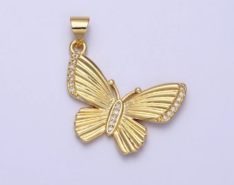 Mini Gold Butterfly Mariposa Textured Sunburst Clear Micro Paved CZ Pendant | AA156
