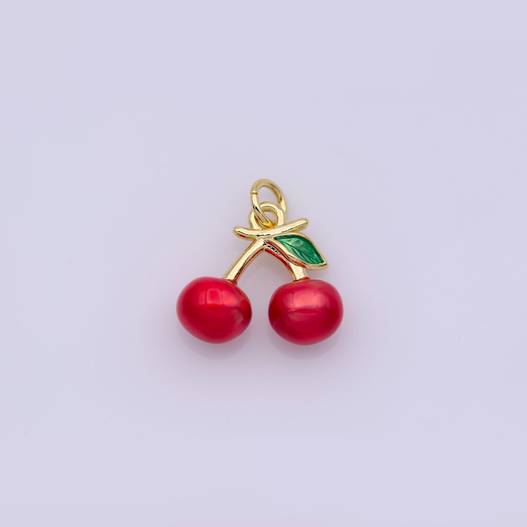Red Cherry Charm, Enamel Necklace Charm, Cherries 24K Gold Filled ...