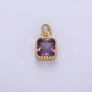 16K Gold Filled 7.5mm Multifaceted Birthstone CZ Square Personalized Charm N1047 N1055 Purple