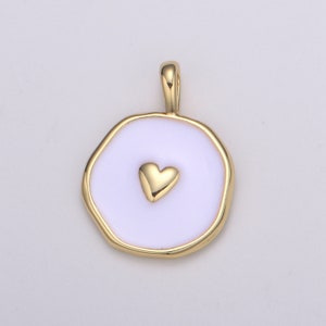 1Pc Gold White Enamel Heart Charms, Golden Heart charm in Round Disc Charm Medallion for Necklace, Paint my Heart DIY craft,  E-189