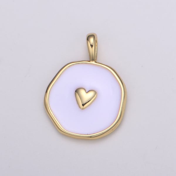 1Pc Gold White Enamel Heart Charms, Golden Heart charm in Round Disc Charm Medallion for Necklace, Paint my Heart DIY craft,  E-189