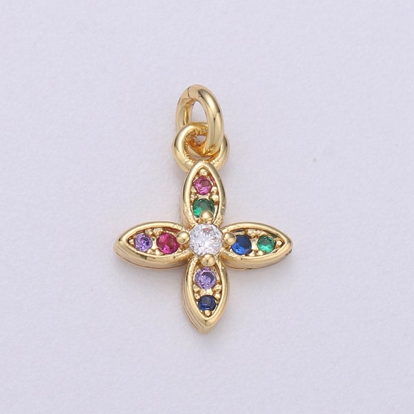 Charme de fleur d’or 14k Micro Pave Petal Charm, Rainbow Cubic Charms, CZ Gold Colorful Charm, Dainty Minimalist Jewelry Supply c559