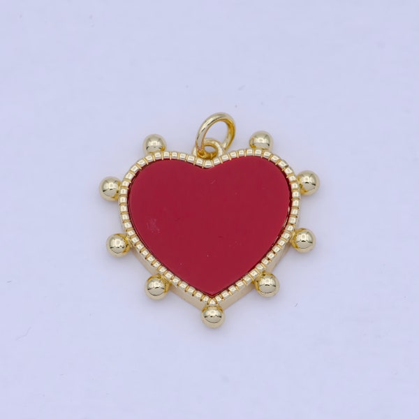 Round Red Carnelian Heart Pendant, 24K Gold Filled Beaded Decorative Edged Red Love Heart Charm | AG-084