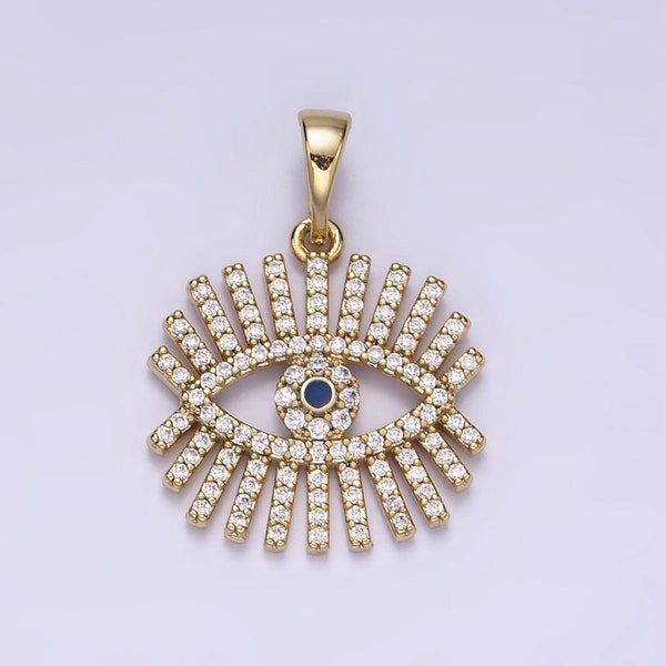 14K Gold Filled Blue Evil Eye Clear Micro Paved CZ Open Pendant | N1270