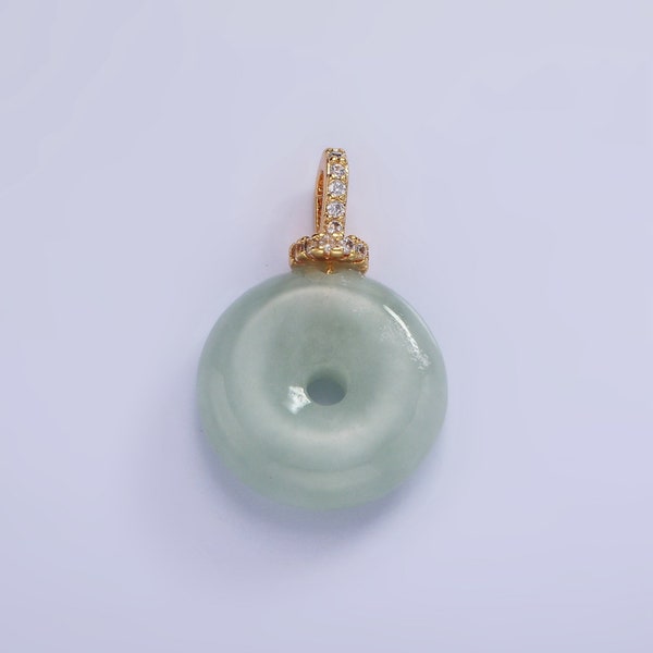 14K Gold Filled 23mm Green Jade Donut One-Sided CZ Bail Pendant | AH-138