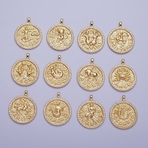 Coin Medallion Zodiac Pendants, 16K Gold Filled Micro Pave CZ Astrological Birthday Zodiac Sign Charms | A1695-A1700