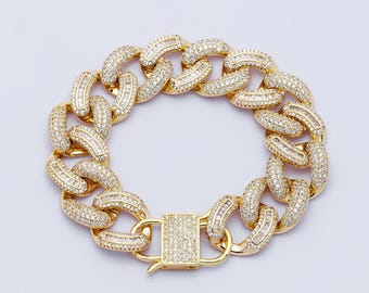 14k Gold Filled Iced Out Cuban Link Bracelet - Luxury 16mm wide CZ Pave Chunky Chain for Hip Hop Jewelry WA4166