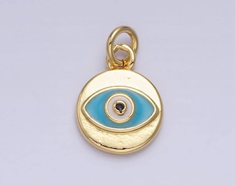 May include: Gold charm with a blue evil eye design. The eye is surrounded by a white circle and a black pupil.
