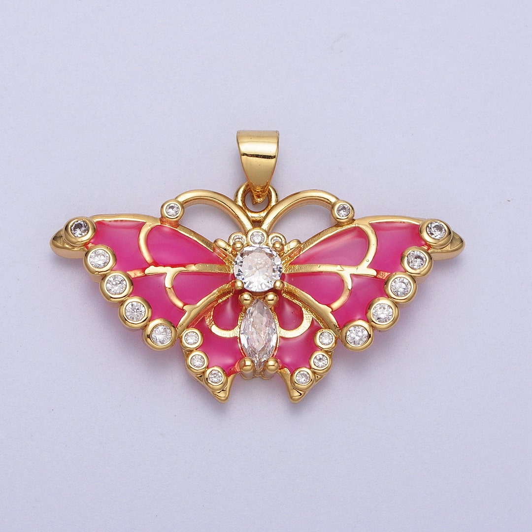 Hot Pink Butterfly Charm Gold Barbiecore Jewelry Necklace Etsy