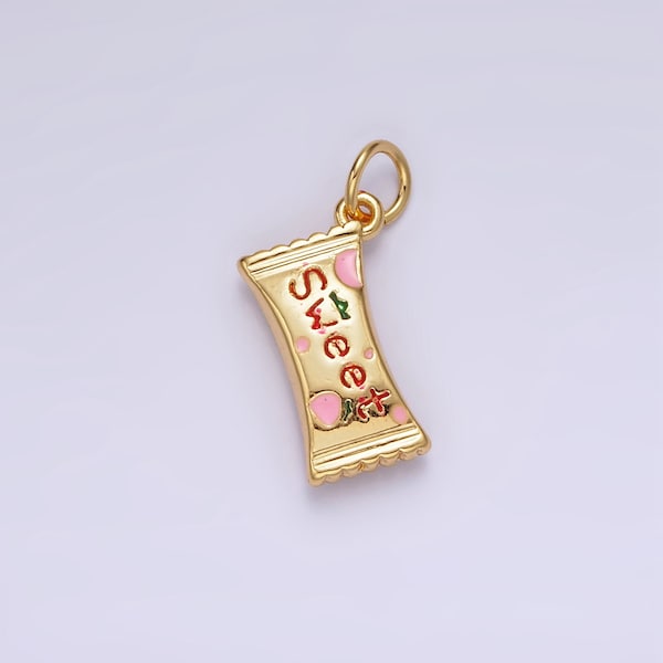 14K Gold Filled Strawberry Candy Sweet Script Enamel Wrapper Puffed Add-On Charm Food Snack Jewelry Inspired | AG405