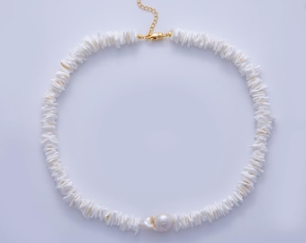Puka Seashell Necklace White Square Cut Chip Lengths 17 inches Hawaiian Beach Surfer for Men Woman Unisex Necklace Summer Jewelry WA-3180