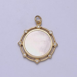 14K Gold Filled Micro CZ Pave Coin Charm with Shell Pearl Medallion Pendant for Necklace N-344