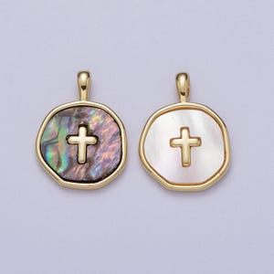 14k gold filled Kreuz Muschelperle, Abalone runder Charm Anhänger für minimalistischen Schmuck | i341i370