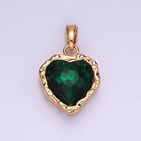 14K Gold Filled Green Emerald Heart CZ Charm Rustic Love Pendant | AA-1194