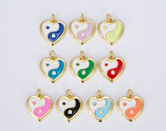 Dainty Gold yin yang charm, Gold Heart Charm Yin & Yang Charms for Bracelet Necklace Earring Component Colorful Enamel Pendant E297