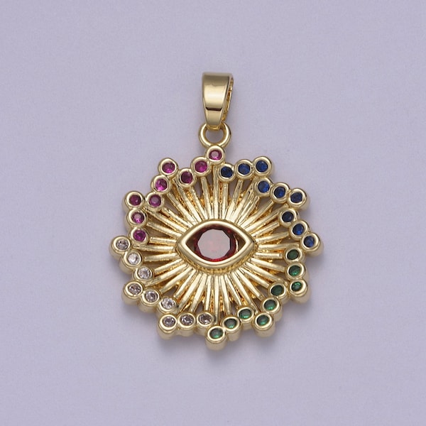 Pingente Olho Grego com Zircônias Cúbicas Multicoloridas e Raios de Sol em Ouro 14K | Ideal para Colar e Pulseira com Berloques | N-602