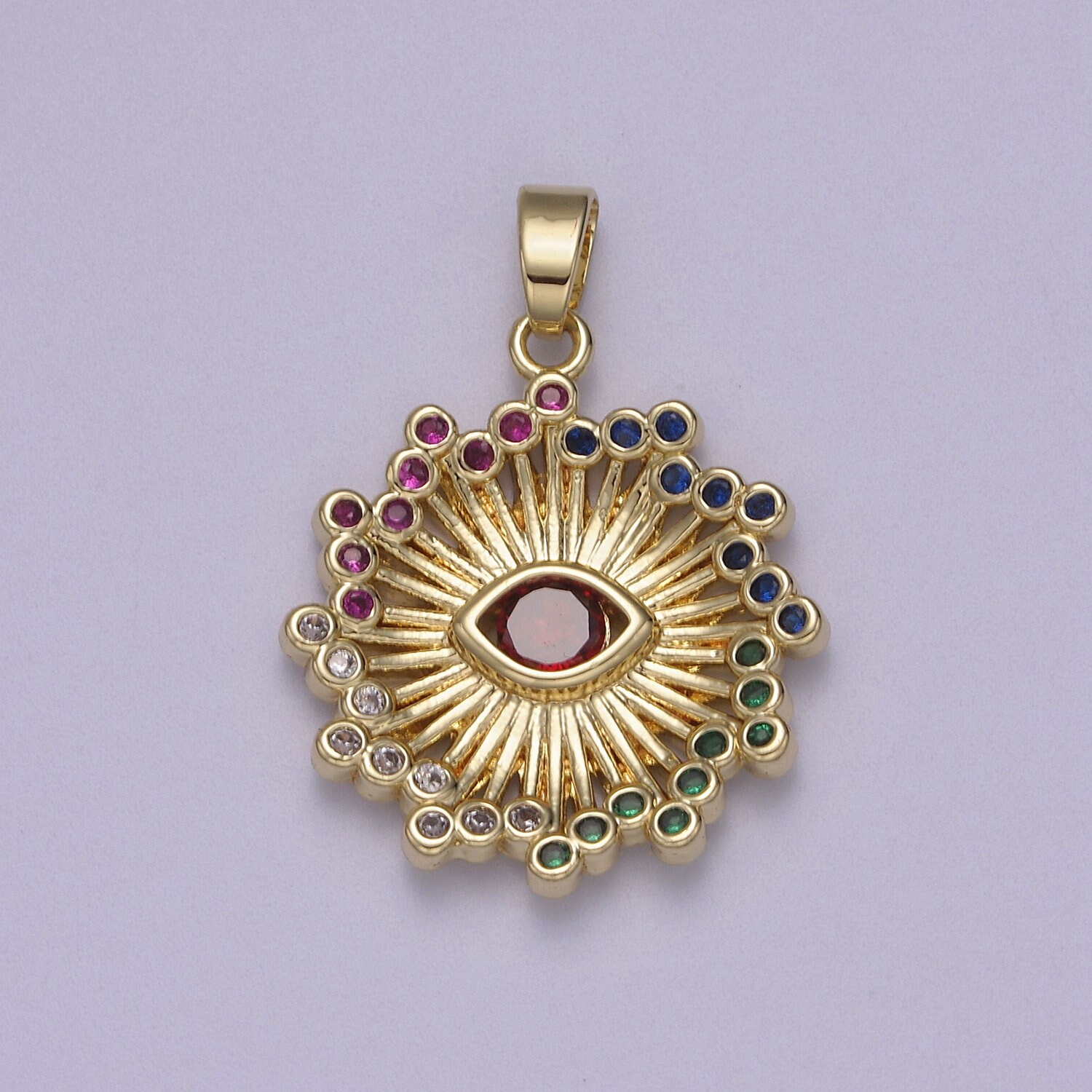 Multi Colored CZ Evil Eye Sun Burst Pendant 14K Gold Filled | DIY Charm Necklace Bracelet | N-602