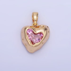 Gold Micro Pave Heart Charm Medallion charm, Pink CZ Charm for Necklace Earring Bracelet Component Jewelry Findings AA-1310