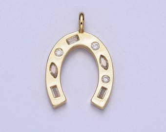 24k gold filled simple horseshoe pendant cz micro pave, cubic zirconia horse shoe charm for necklace component | x-401
