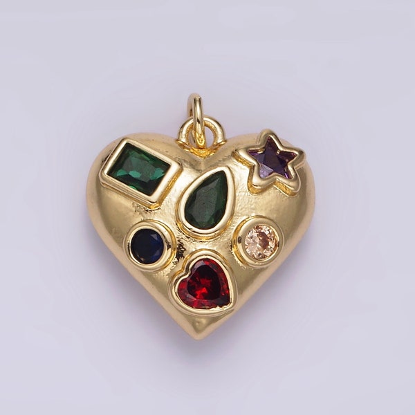 Gold Puffy Heart Pendant Multi Color CZ Stone Geometric Star Heart Tear Drop Charm Hearts Love for Minimalist Jewelry Supply ag522