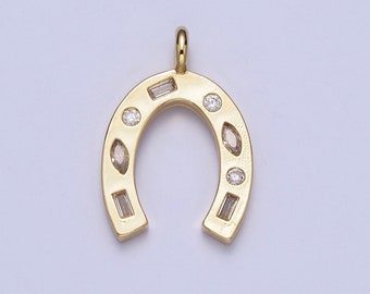 24K Gold Filled Simple Horseshoe Pendant CZ Micro Pave, Cubic Zirconia Horse Shoe Charm for Necklace Component | X-401