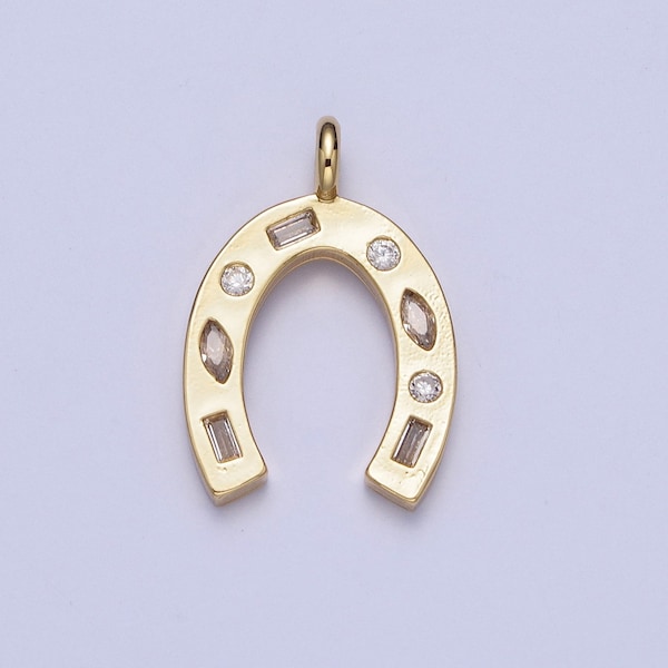 24K Gold Filled Simple Horseshoe Pendant CZ Micro Pave, Cubic Zirconia Horse Shoe Charm for Necklace Component | X-401