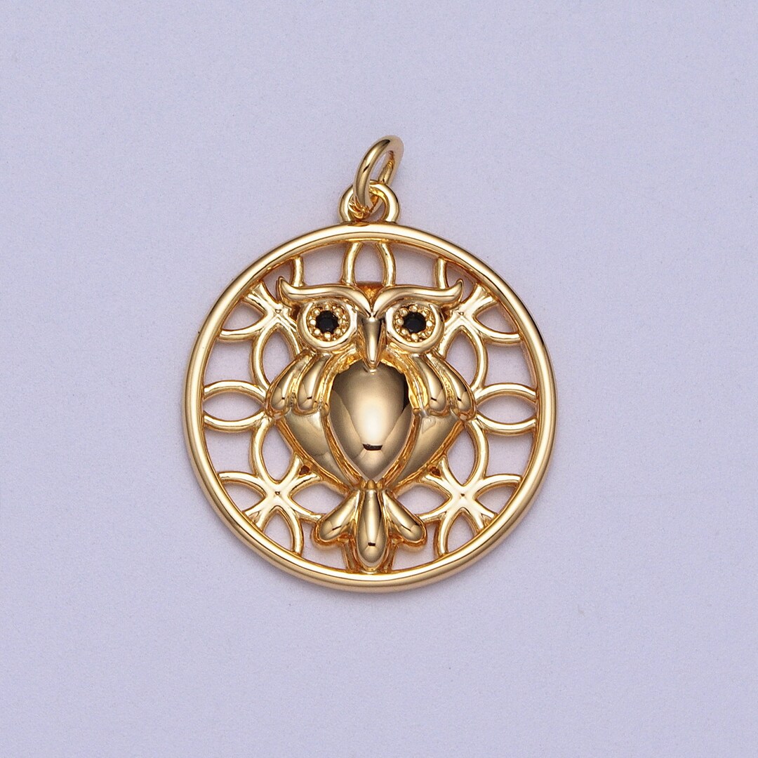 Round Gold Owl Pendant 16K Gold Filled Charm Dainty Owl Charm Etsy