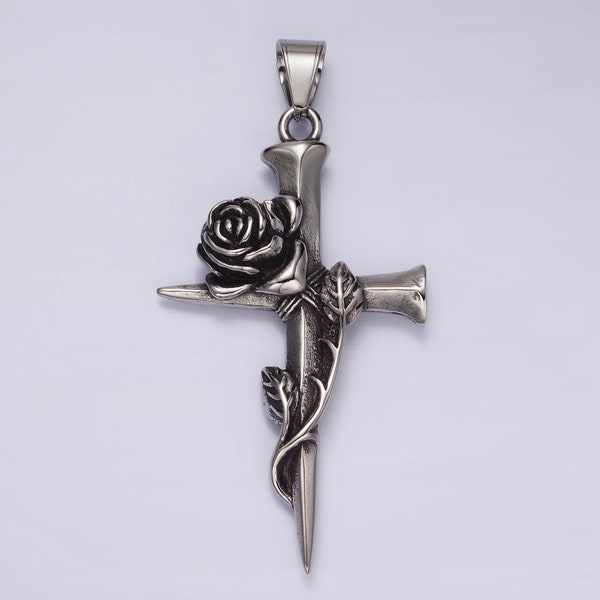 Stainless Steel Rose Nail Cross, Gothic style Charm for Necklace Pendant | P-1176