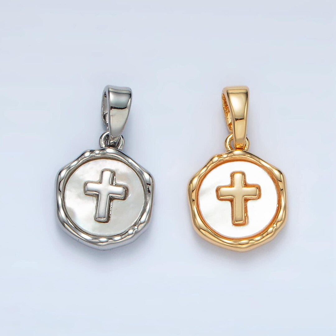 24k Gold Filled Religious Cross Shell Pearl Pendant in Silver & Gold ...