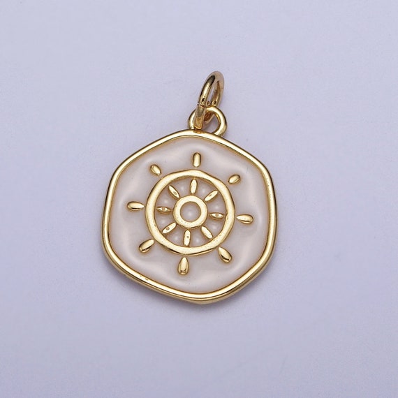 Gold Ship Steering Wheel Coin Medallion Pendant w. Pearl White Enamel Finish, 24K Gold Filled Enamel Sunburst Round Coin Charm | AG135