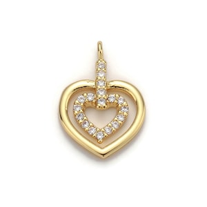 1pc 24k Gold  Micro Pave CZ Heart Pendant Charm, Heart in Heart Micro Pave CZ Pendant Charm,  Pendant, For DIY Jewelry